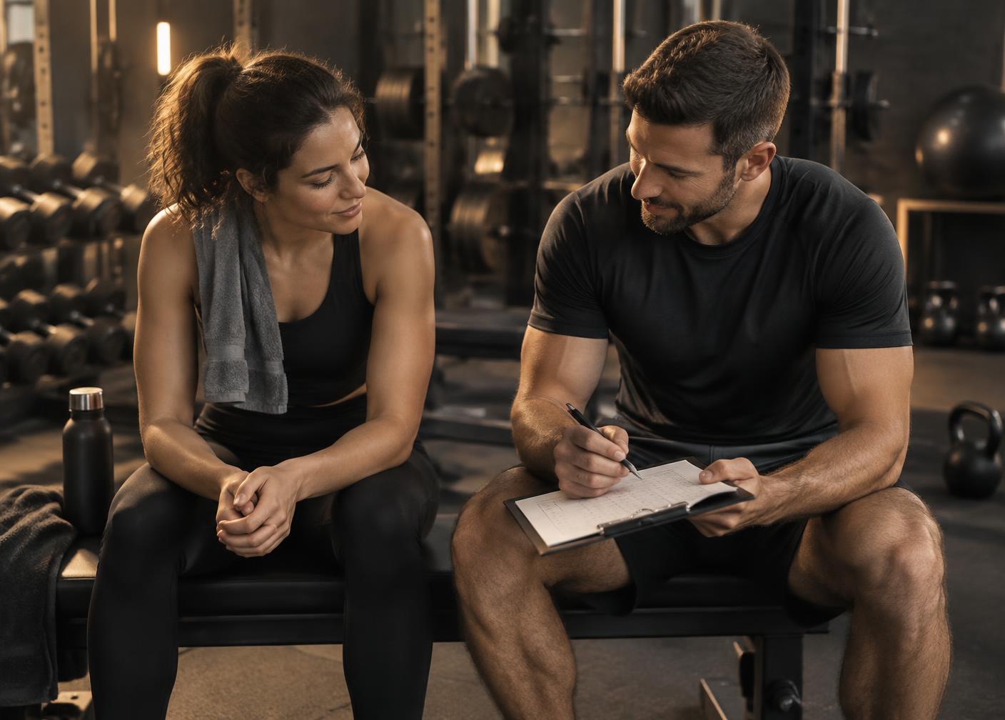 Supportive fitness coaching check-in with a habit tracker in a gym