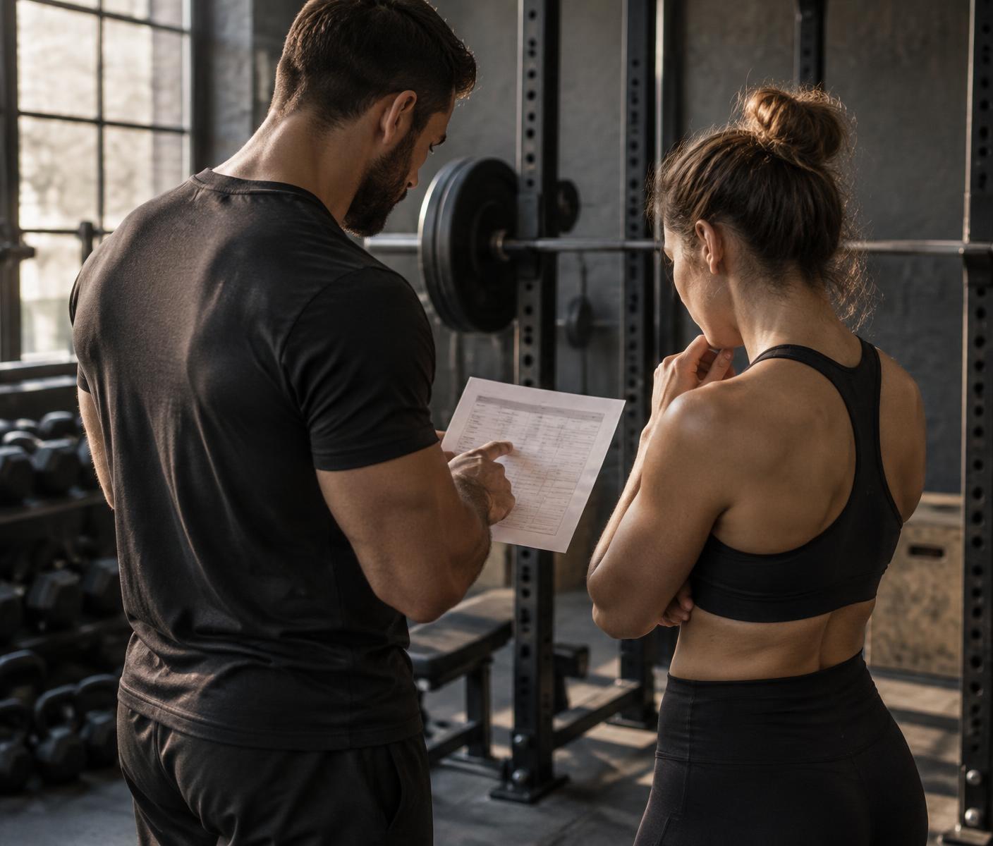 Two people reviewing a fitness plan in a strength studio