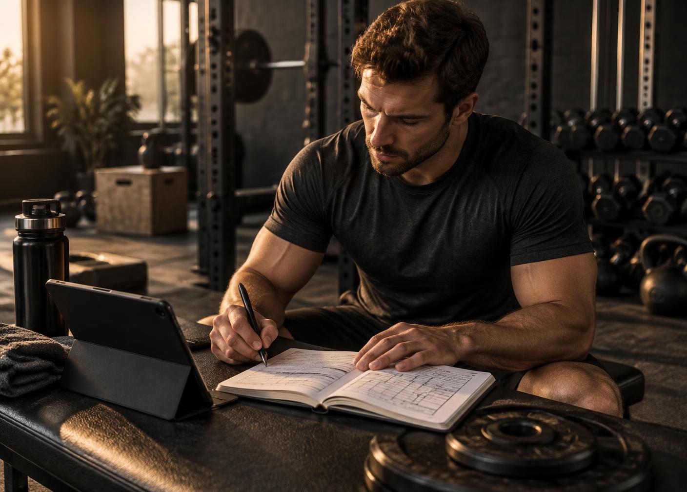 Athlete reviewing a workout notebook and tablet in a gym