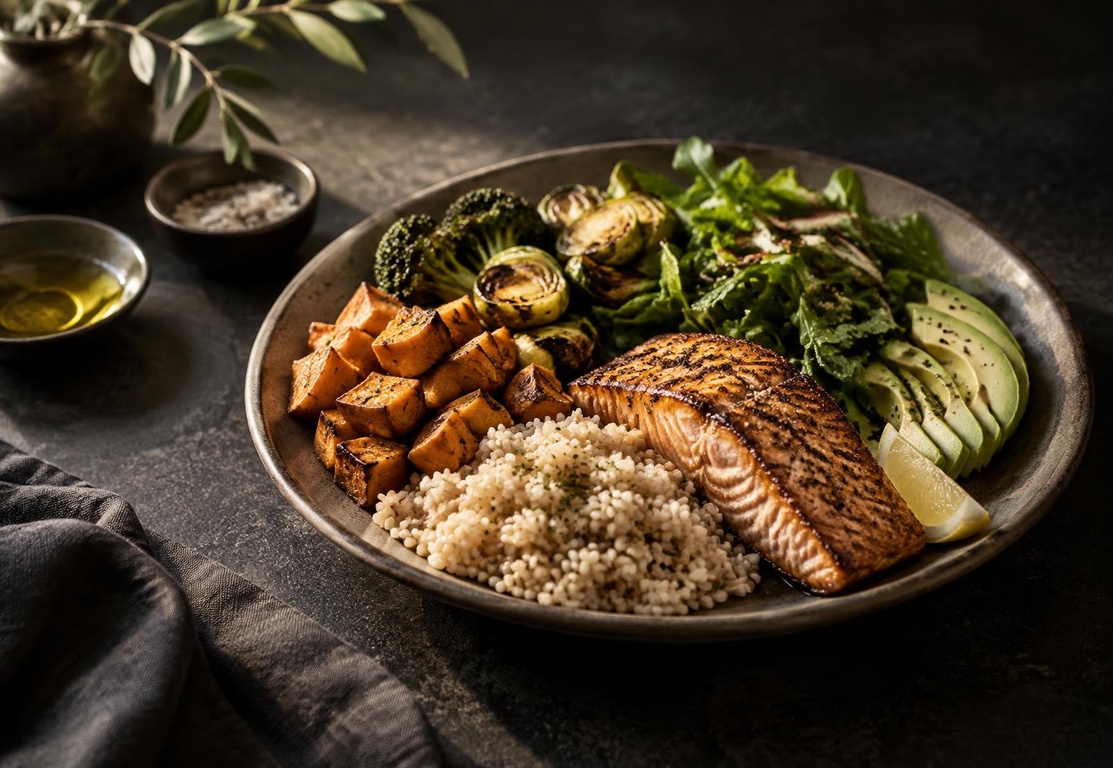 Balanced meal with protein, carbohydrates, vegetables, and healthy fats