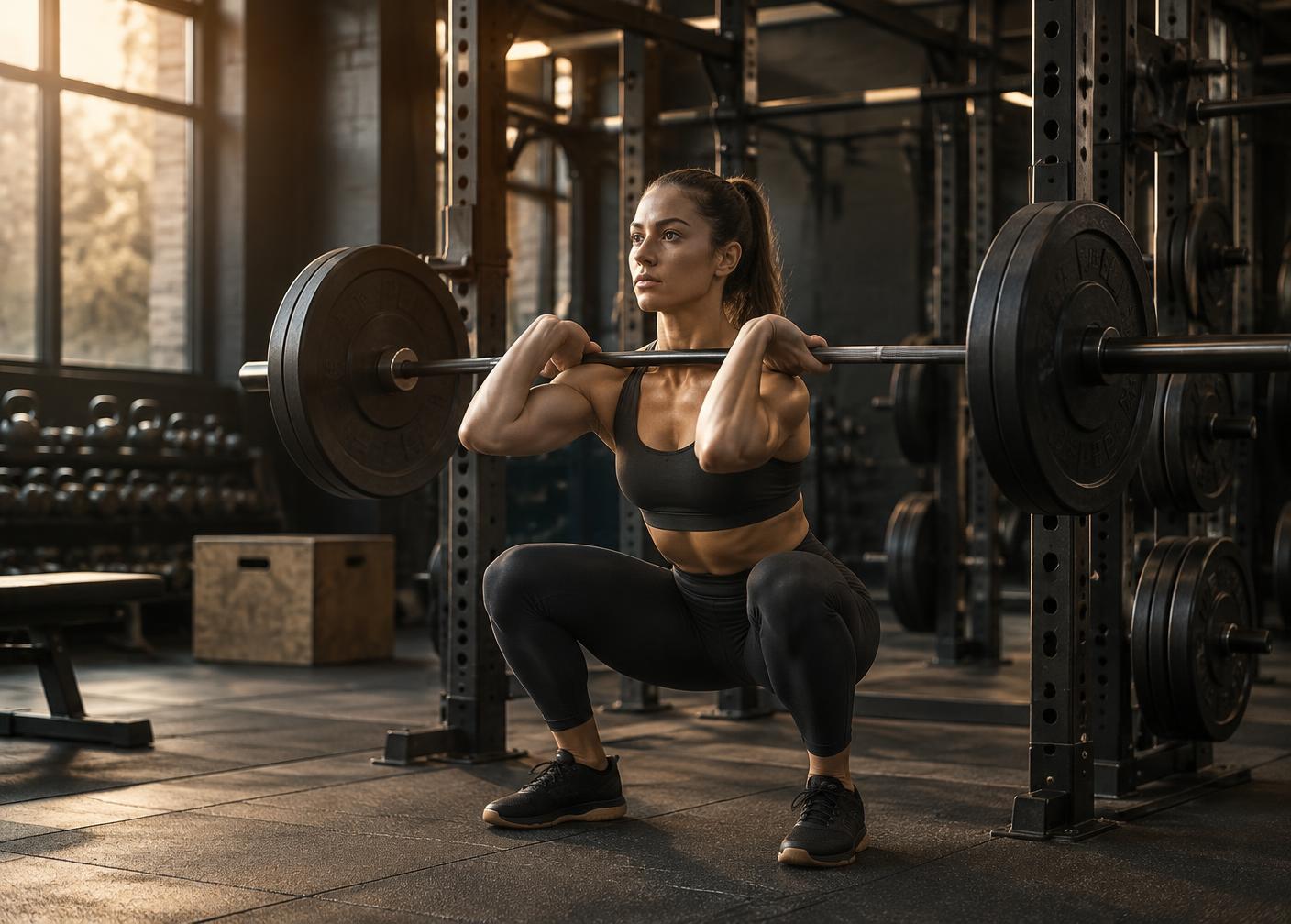 Athlete performing a controlled barbell front squat in a well-equipped gym